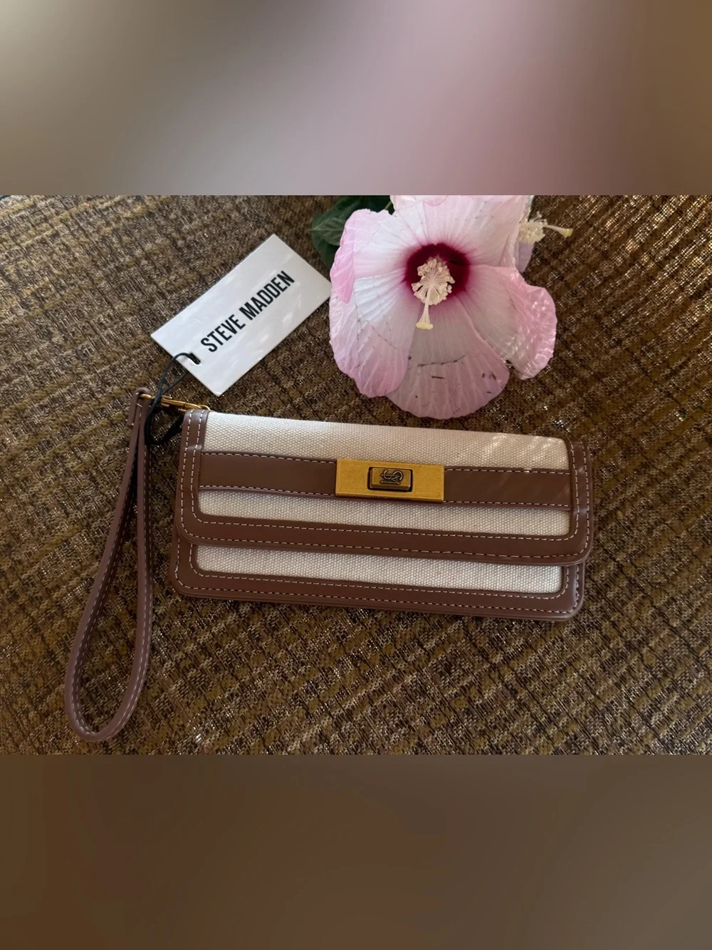 Steve Madden Beige and Taupe Canvas Wristlet with Unique Gold Accent Hardwares